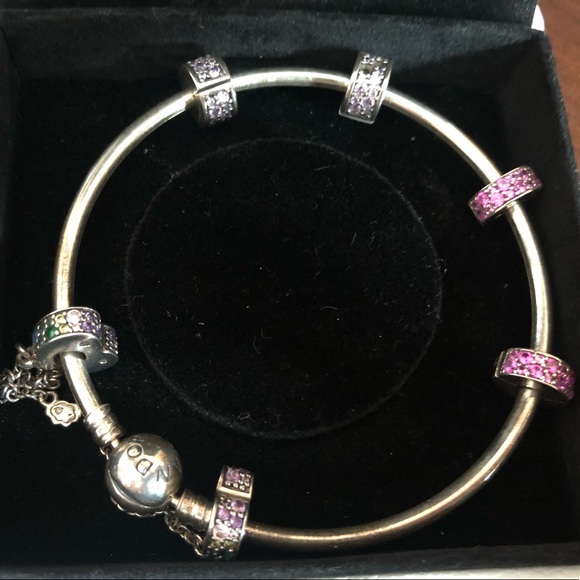 Pandora Bracelet w/ Pandora Charms Clips Pair Safety Chain